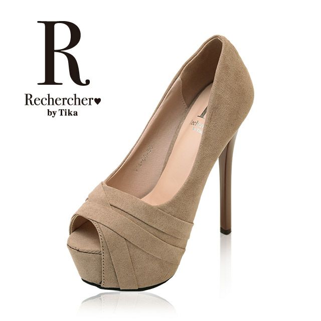 キャバヒール メイン画像 ベージュクロスデザインオープントゥワンカラーパンプス