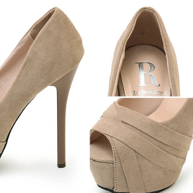 キャバヒール イメージ3 ベージュクロスデザインオープントゥワンカラーパンプス