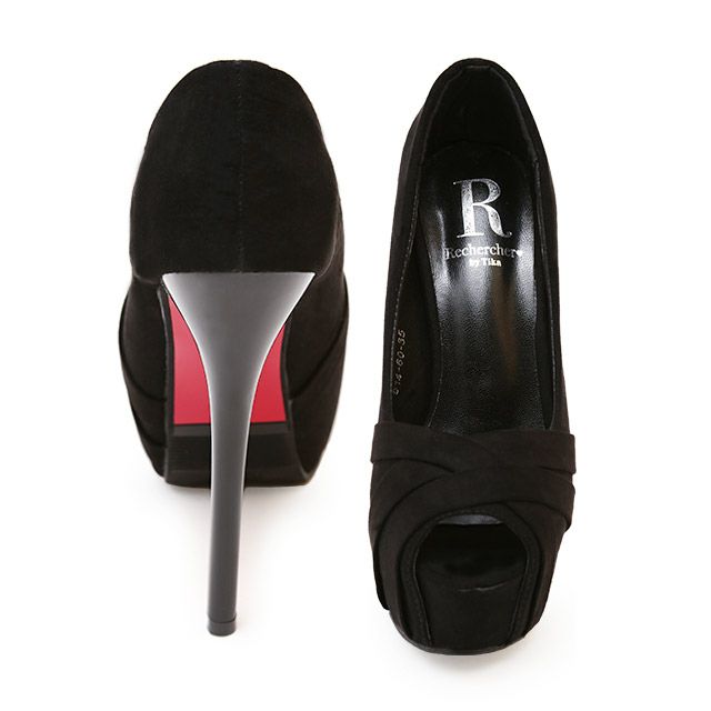 キャバヒール イメージ2 スエードクロスデザインオープントゥワンカラーパンプス