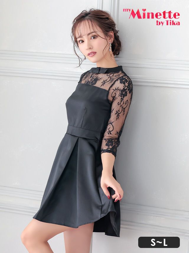 レース×サテンAライン袖ありハイウエスト切替フレアミニドレス