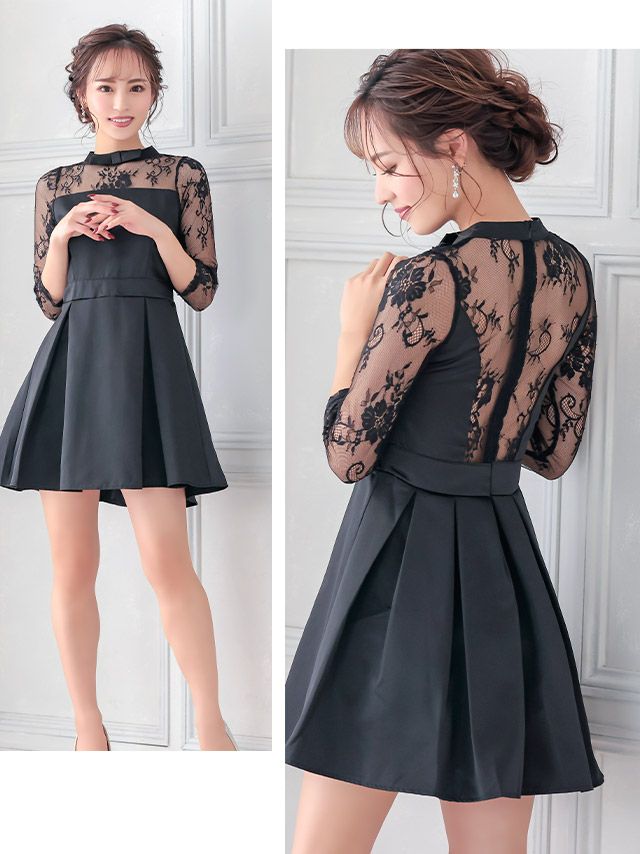 イメージ画像1 キャバドレス 安い Tika ティカ Tikaholic Tikaholic レース サテン 七分袖 Aライン フレア ミニドレス ホワイト ブラック S?Lサイズ キャバ ドレス 大きいサイズ フレアドレス ミニ 膝丈 可愛い 白 黒 通販