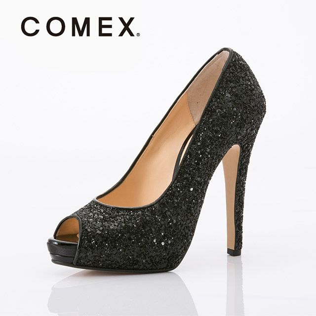 キャバヒール メイン画像 ブラックラメオープントゥキラキラハイヒールパンプス