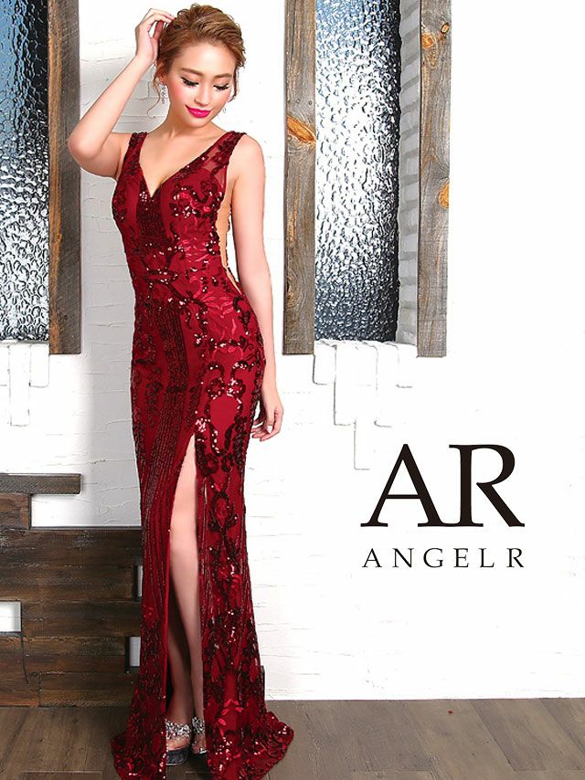 Angel-R エンジェルアール 高級サイドシアーデザインノースリーブスパンコールレースタイトロングドレス