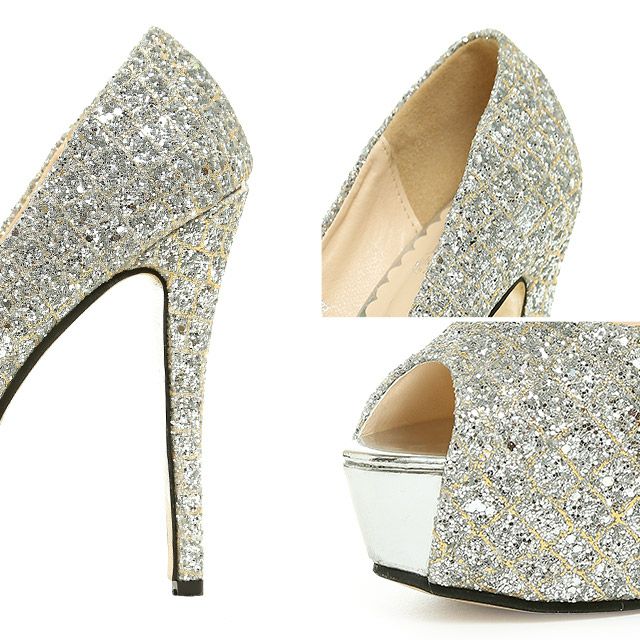 キャバヒール イメージ3 格子柄ストーンキラキラハイヒールオープントゥパンプス