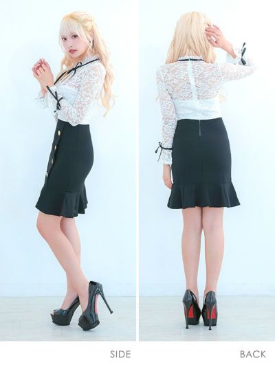 イメージ画像4 キャバドレス 激安 Tikaholic ティカホリック miho着用 レース リボン ゴールド ボタン フレア ミニドレス ホワイト×ブラック Mサイズ キャバ ドレス aライン フレアドレス ナイトドレス キャバ嬢 キャバクラ ラウンジ スナック 白 黒 安い 通販