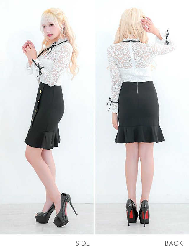 イメージ画像5 キャバドレス 激安 Tikaholic ティカホリック miho着用 レース リボン ゴールド ボタン フレア ミニドレス ホワイト×ブラック Mサイズ キャバ ドレス aライン フレアドレス ナイトドレス キャバ嬢 キャバクラ ラウンジ スナック 白 黒 安い 通販