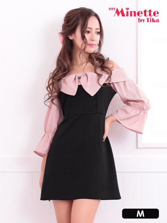 リボンオフショルダー長袖ハイウエスト切替フレアミニドレス