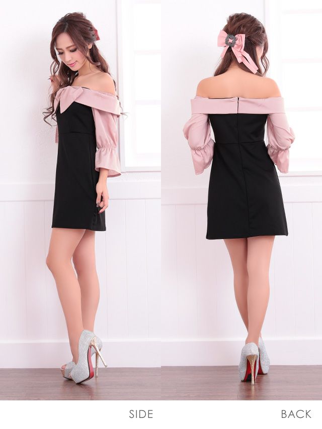 イメージ画像3 キャバドレス 激安 Tikaholic ティカホリック miho着用 リボン 七分袖 オフショル ミニドレス ベージュ×ブラック ピンク×ブラック Mサイズ キャバ ドレス ナイトドレス 袖あり キャバ嬢 キャバクラ ラウンジ スナック 安い 通販