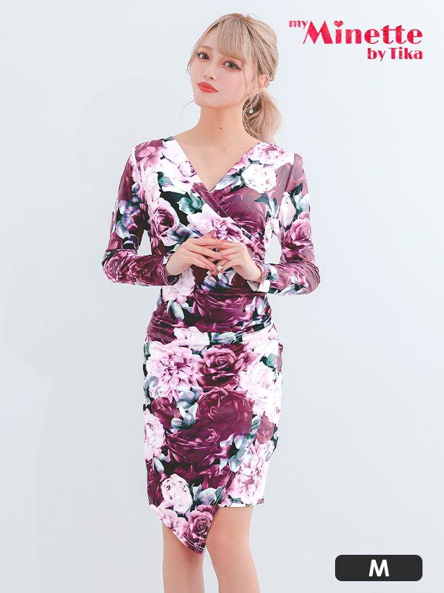 Vネック花柄長袖タイト膝丈ドレス