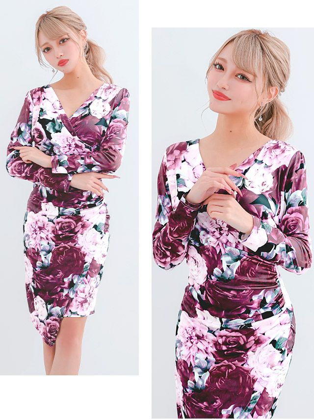 イメージ画像2 キャバドレス 長袖 Tikaholic ティカホリック HARUKA着用 Vネック 花柄 長袖 タイト ミニドレス レッド パープル チェリーピンク Mサイズ キャバ ドレス 袖あり 安い ナイトドレス キャバ嬢 キャバクラ ラウンジ スナック 通販