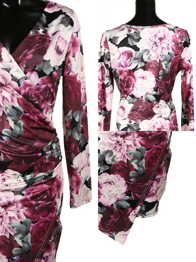 イメージ画像10  キャバドレス 長袖 Tikaholic ティカホリック HARUKA着用 Vネック 花柄 長袖 タイト ミニドレス レッド パープル チェリーピンク Mサイズ キャバ ドレス 袖あり 安い ナイトドレス キャバ嬢 キャバクラ ラウンジ スナック 通販