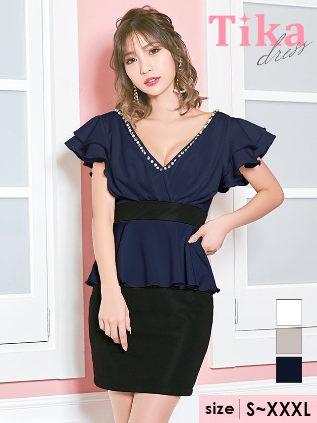 イメージ画像9 キャバドレス 大きいサイズ Tika ティカ 石原彩香着用 胸元ビジュー ペプラム タイト ミニドレス ホワイト×ブラック グレー×ブラック ネイビー×ブラック S?XXXLサイズ キャバ ドレス ペプラムドレス ナイトドレス 体型カバー ミニ ひざ丈 キャバ嬢 キャバクラ 通販