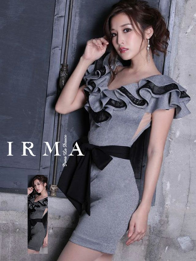 IRMA イルマ 高級ボリュームオフショルダーウエストリボンデザインタイトミニドレス