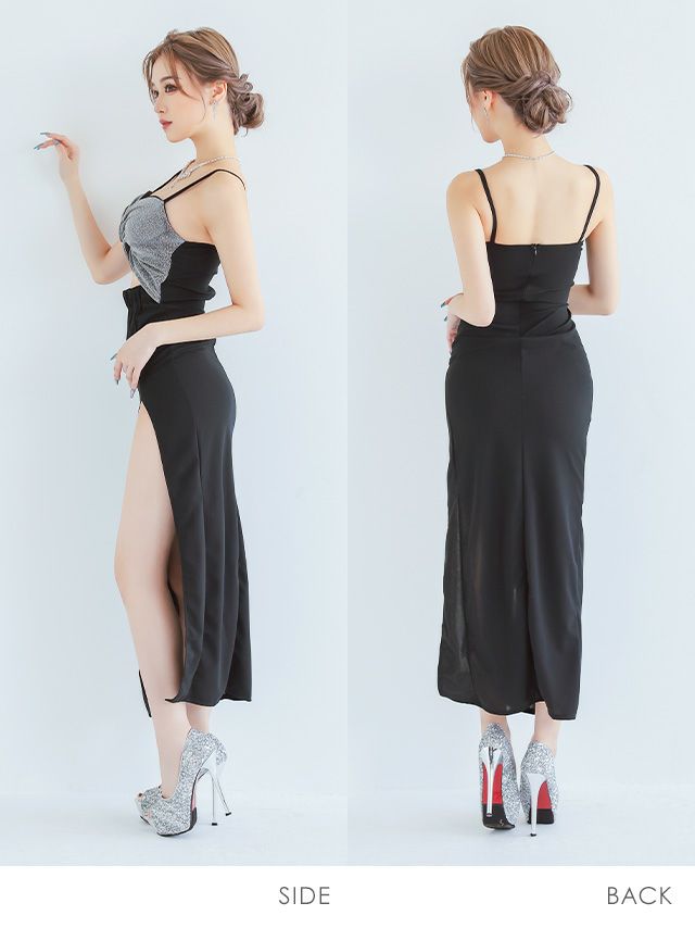 イメージ画像5 キャバドレス 安い Tikaholic ティカホリック 胸元リボンキャミタイトロングドレス (シルバー×ブラック/ブルー×ブラック) (Mサイズ) (小川真葵/キャバドレス着用)