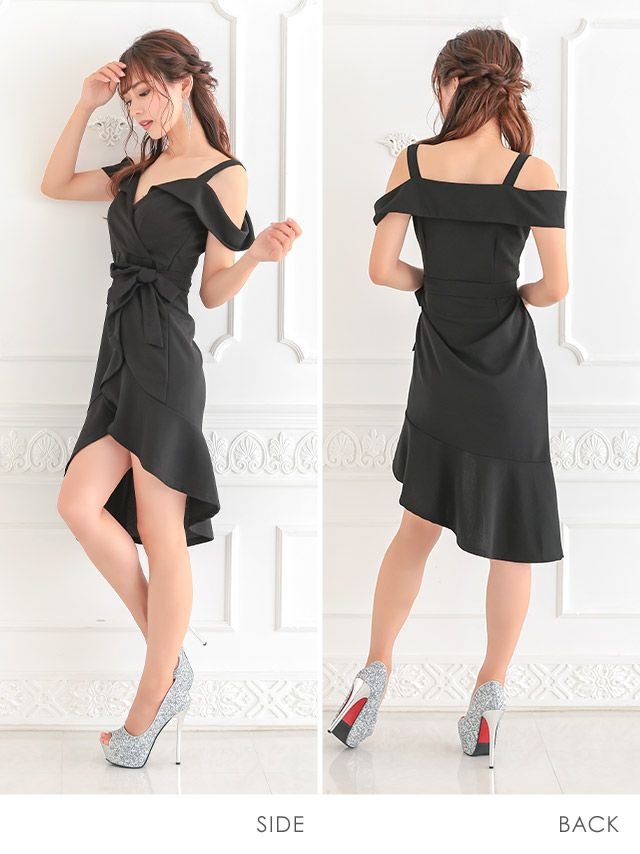 キャバドレス ミニドレス タイトドレス 激安 シンプル myMinette マイミネット ウエストリボンオープンショルダーラップ風スカートミニドレス