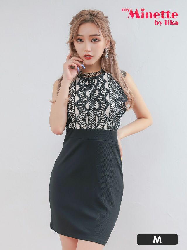 バイカラーレースノースリーブ切り替えタイトミニドレス