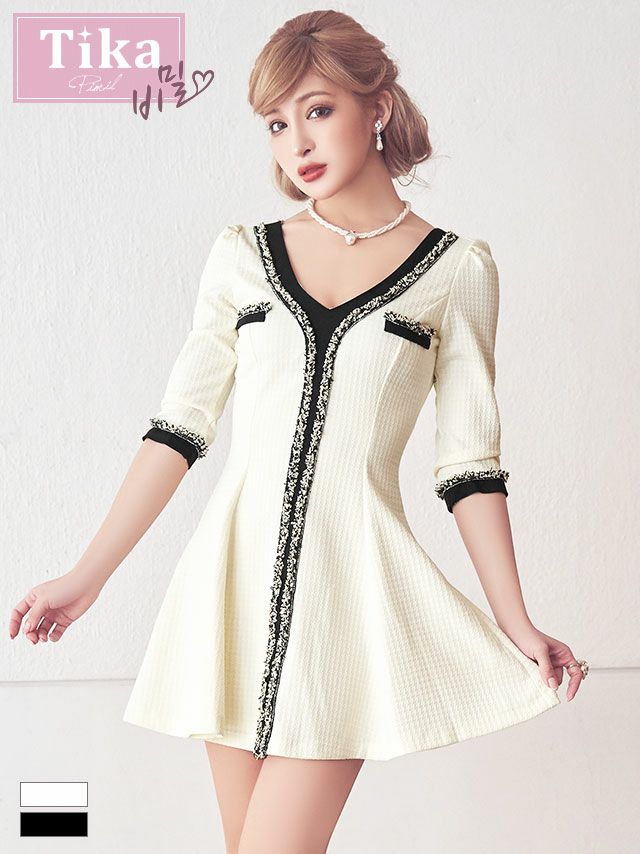 韓国ドレス] 袖ありツイードフレアミニドレス (Sサイズ～Lサイズ 
