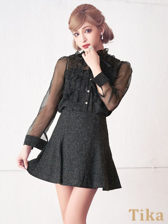 メイン画像 キャバドレス 大きいサイズ Tika ティカ ゆんころ着用 チュール袖 ツイード フリル フレア ミニドレス ブラック S?Lサイズ キャバ ドレス aライン フレアドレス ナイトドレス ミニ ひざ丈 キャバ嬢 キャバクラ 通販