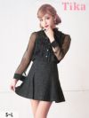 メイン画像 キャバドレス 大きいサイズ Tika ティカ ゆんころ着用 チュール袖 ツイード フリル フレア ミニドレス ブラック S?Lサイズ キャバ ドレス aライン フレアドレス ナイトドレス ミニ ひざ丈 キャバ嬢 キャバクラ 通販