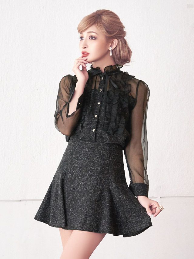 イメージ画像1 キャバドレス 大きいサイズ Tika ティカ ゆんころ着用 チュール袖 ツイード フリル フレア ミニドレス ブラック S?Lサイズ キャバ ドレス aライン フレアドレス ナイトドレス ミニ ひざ丈 キャバ嬢 キャバクラ 通販