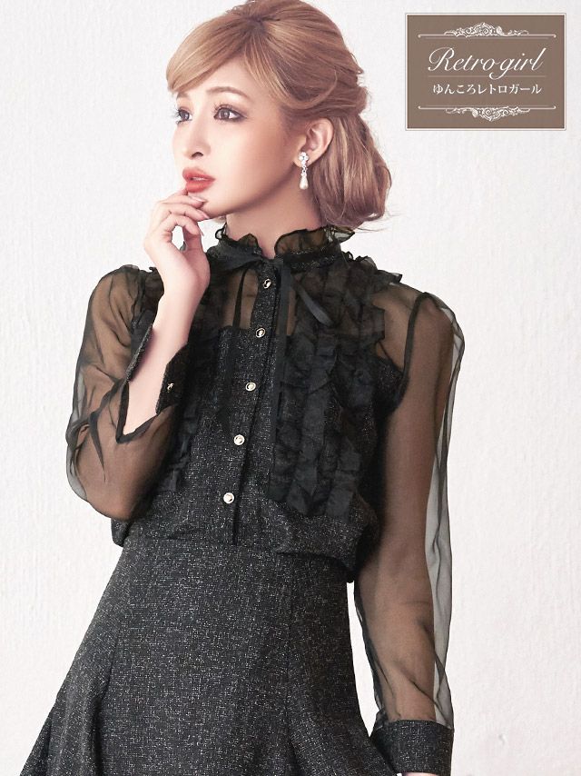 イメージ画像1 キャバドレス 大きいサイズ Tika ティカ ゆんころ着用 チュール袖 ツイード フリル フレア ミニドレス ブラック S?Lサイズ キャバ ドレス aライン フレアドレス ナイトドレス ミニ ひざ丈 キャバ嬢 キャバクラ 通販