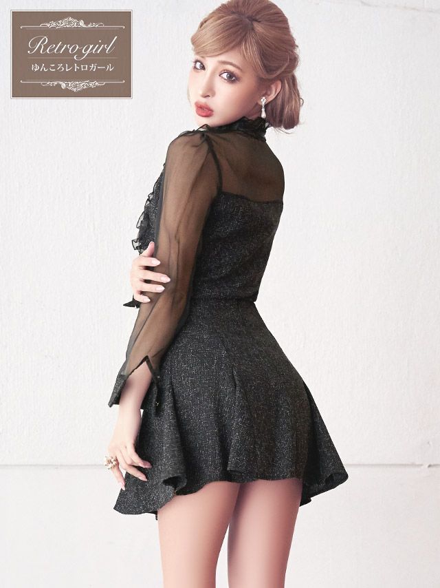 イメージ画像3 キャバドレス 大きいサイズ Tika ティカ ゆんころ着用 チュール袖 ツイード フリル フレア ミニドレス ブラック S?Lサイズ キャバ ドレス aライン フレアドレス ナイトドレス ミニ ひざ丈 キャバ嬢 キャバクラ 通販