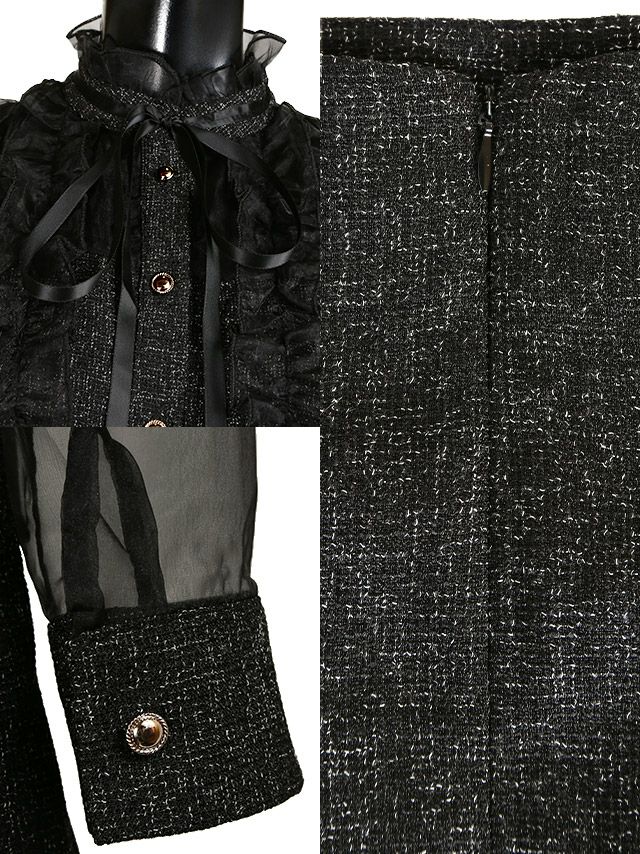 イメージ画像8 キャバドレス 大きいサイズ Tika ティカ ゆんころ着用 チュール袖 ツイード フリル フレア ミニドレス ブラック S?Lサイズ キャバ ドレス aライン フレアドレス ナイトドレス ミニ ひざ丈 キャバ嬢 キャバクラ 通販