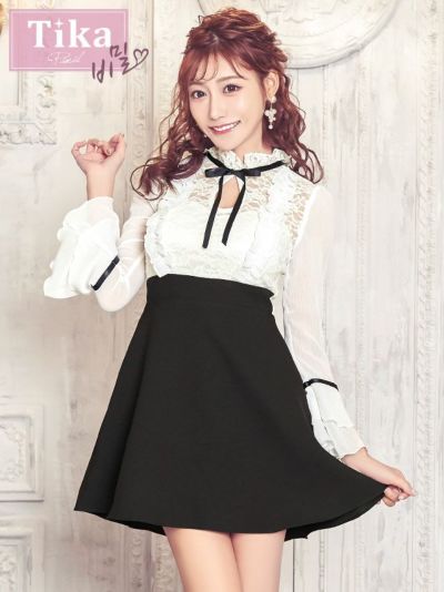 韓国ドレス] 襟付きリボンガーリースタイル総レース袖ありフレアミニ 