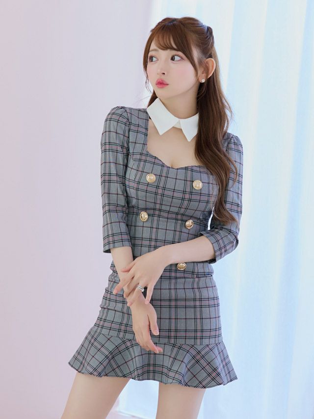 イメージ画像4 キャバドレス 韓国 [Tika/ティカ]明日花キララ着用 チェック柄 スクエアネック タイト ミニドレス グレー ネイビー S?Lサイズ 韓国ドレス キャバ ドレス 大きいサイズ ミニ 膝丈 キャバワンピ 私服 シンプル ワンピース 清楚 通販