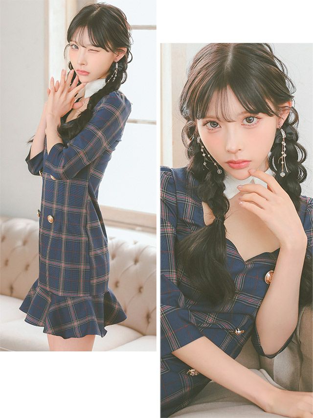 イメージ画像10  キャバドレス 韓国 [Tika/ティカ]明日花キララ着用 チェック柄 スクエアネック タイト ミニドレス グレー ネイビー S?Lサイズ 韓国ドレス キャバ ドレス 大きいサイズ ミニ 膝丈 キャバワンピ 私服 シンプル ワンピース 清楚 通販