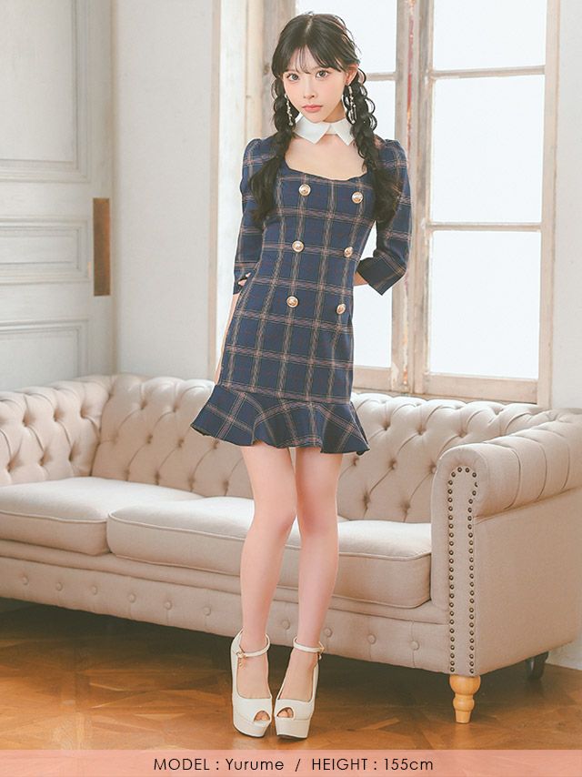 イメージ画像12   キャバドレス 韓国 [Tika/ティカ]明日花キララ着用 チェック柄 スクエアネック タイト ミニドレス グレー ネイビー S?Lサイズ 韓国ドレス キャバ ドレス 大きいサイズ ミニ 膝丈 キャバワンピ 私服 シンプル ワンピース 清楚 通販