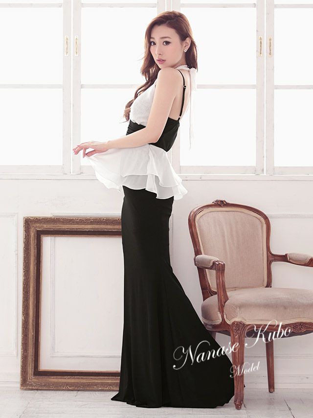 イメージ画像3 キャバドレス ロング  Tika ティカ 久保七瀬着用 ホルター ぺプラム デザイン シフォン ロングドレス ホワイト レッド S?XXXLサイズ キャバ ドレス 大きいサイズ エレガント ロングワンピース 白 赤 通販