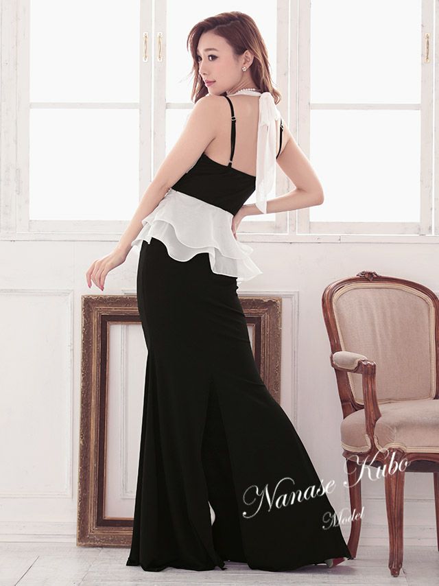 イメージ画像4 キャバドレス ロング  Tika ティカ 久保七瀬着用 ホルター ぺプラム デザイン シフォン ロングドレス ホワイト レッド S?XXXLサイズ キャバ ドレス 大きいサイズ エレガント ロングワンピース 白 赤 通販