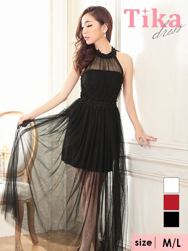 メイン画像 キャバドレス ロング  Tika ティカ 杉山佳那恵着用 ホルターネック チュール ロングテールドレス ホワイト レッド ブラック Mサイズ キャバ ドレス エレガント ロングワンピース 白 赤 黒 通販
