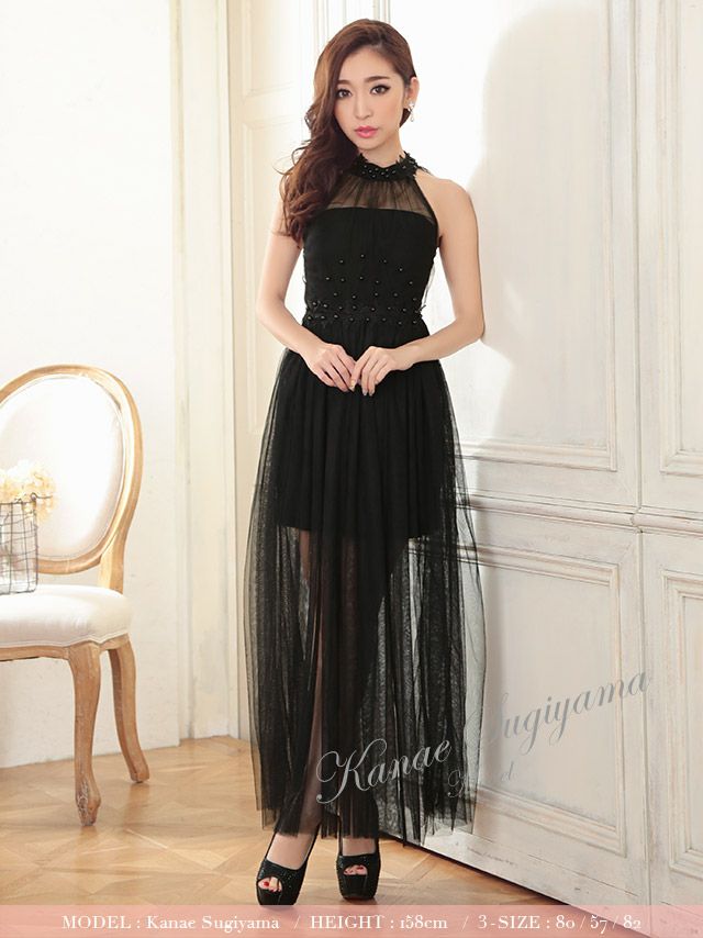 イメージ画像3 キャバドレス ロング  Tika ティカ 杉山佳那恵着用 ホルターネック チュール ロングテールドレス ホワイト レッド ブラック Mサイズ キャバ ドレス エレガント ロングワンピース 白 赤 黒 通販