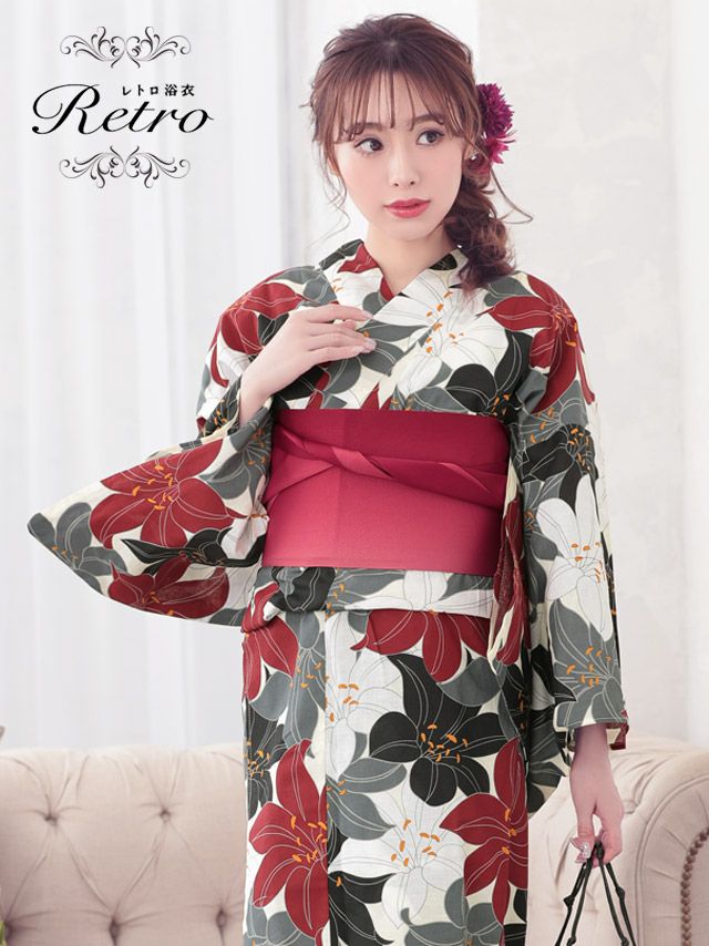 浴衣 選べる帯 レトロ4色百合柄 ゆかた3点セット 浴衣 平帯or作り帯 下駄 久保七瀬着用