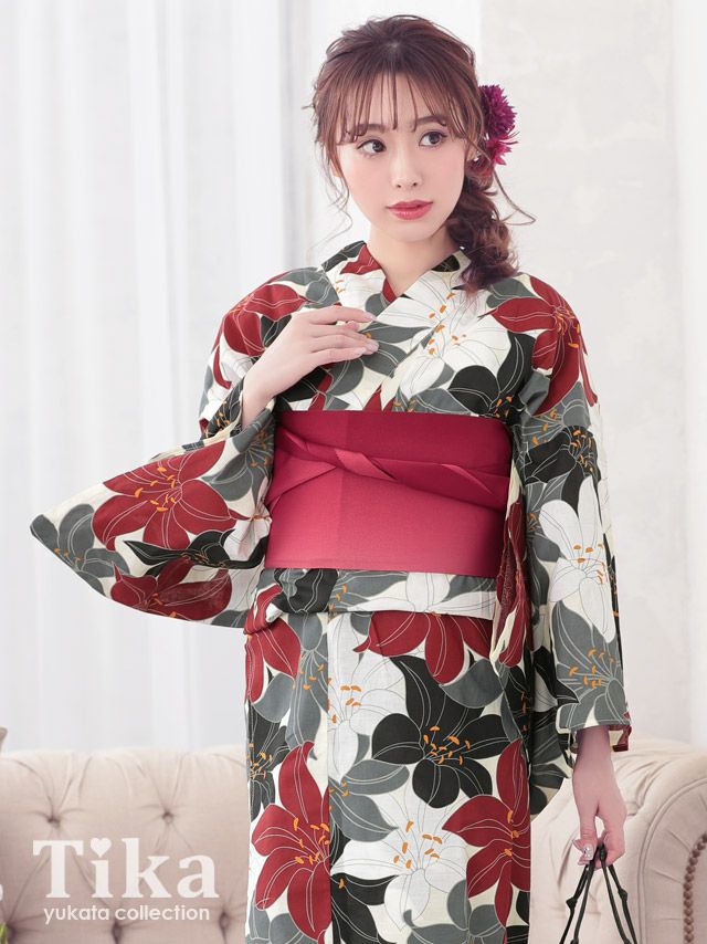 メイン画像 浴衣セット レディース Tika ティカ 久保七瀬着用 レトロ4色百合柄 ゆかた3点セット 浴衣+平帯or造り帯+下駄 浴衣 選べる帯 可愛い かわいい レトロ モダン 大人 女性 女 安い 通販