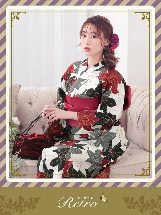 イメージ画像1 浴衣セット レディース Tika ティカ 久保七瀬着用 レトロ4色百合柄 ゆかた3点セット 浴衣+平帯or造り帯+下駄 浴衣 選べる帯 可愛い かわいい レトロ モダン 大人 女性 女 安い 通販