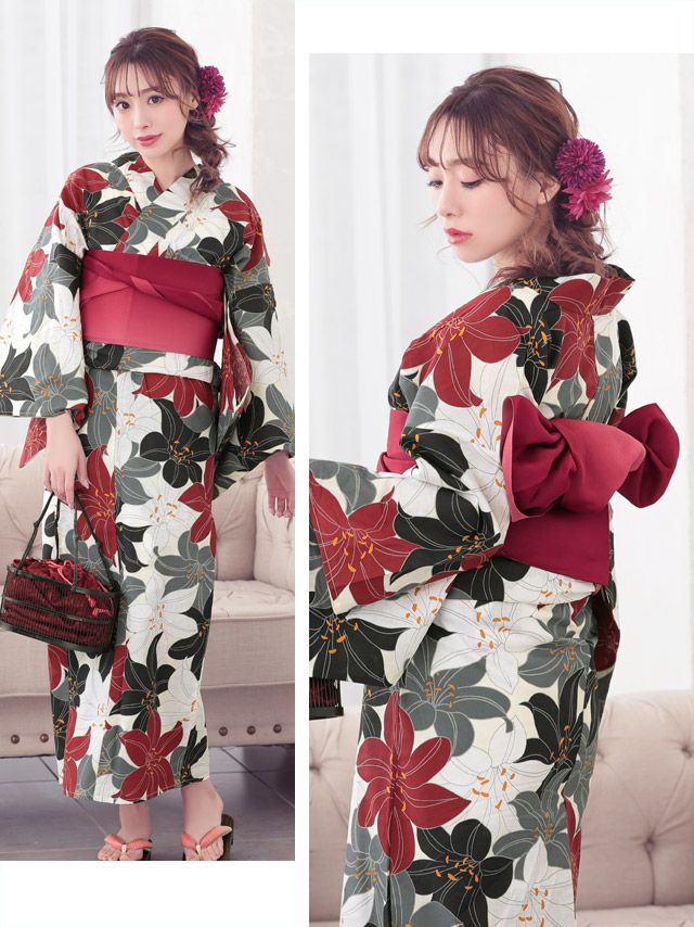 イメージ画像2 浴衣セット レディース Tika ティカ 久保七瀬着用 レトロ4色百合柄 ゆかた3点セット 浴衣+平帯or造り帯+下駄 浴衣 選べる帯 可愛い かわいい レトロ モダン 大人 女性 女 安い 通販