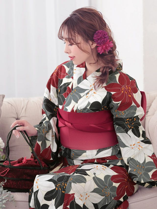 イメージ画像3 浴衣セット レディース Tika ティカ 久保七瀬着用 レトロ4色百合柄 ゆかた3点セット 浴衣+平帯or造り帯+下駄 浴衣 選べる帯 可愛い かわいい レトロ モダン 大人 女性 女 安い 通販