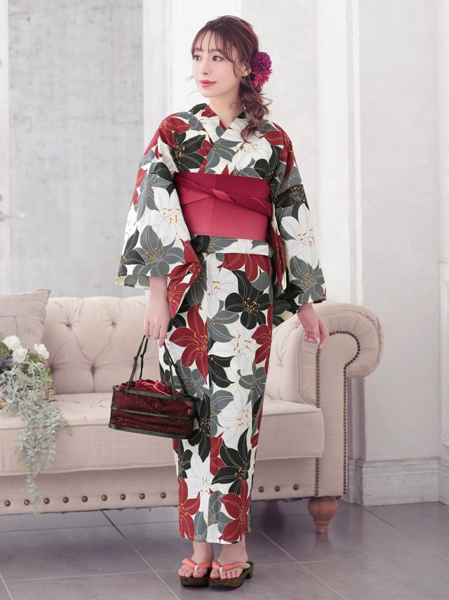 イメージ画像4 浴衣セット レディース Tika ティカ 久保七瀬着用 レトロ4色百合柄 ゆかた3点セット 浴衣+平帯or造り帯+下駄 浴衣 選べる帯 可愛い かわいい レトロ モダン 大人 女性 女 安い 通販