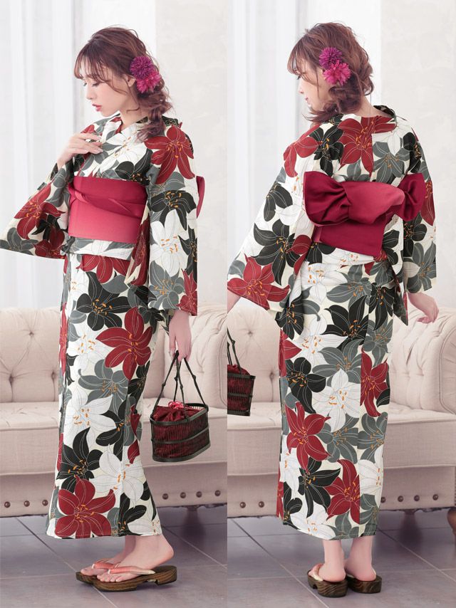 イメージ画像5 浴衣セット レディース Tika ティカ 久保七瀬着用 レトロ4色百合柄 ゆかた3点セット 浴衣+平帯or造り帯+下駄 浴衣 選べる帯 可愛い かわいい レトロ モダン 大人 女性 女 安い 通販