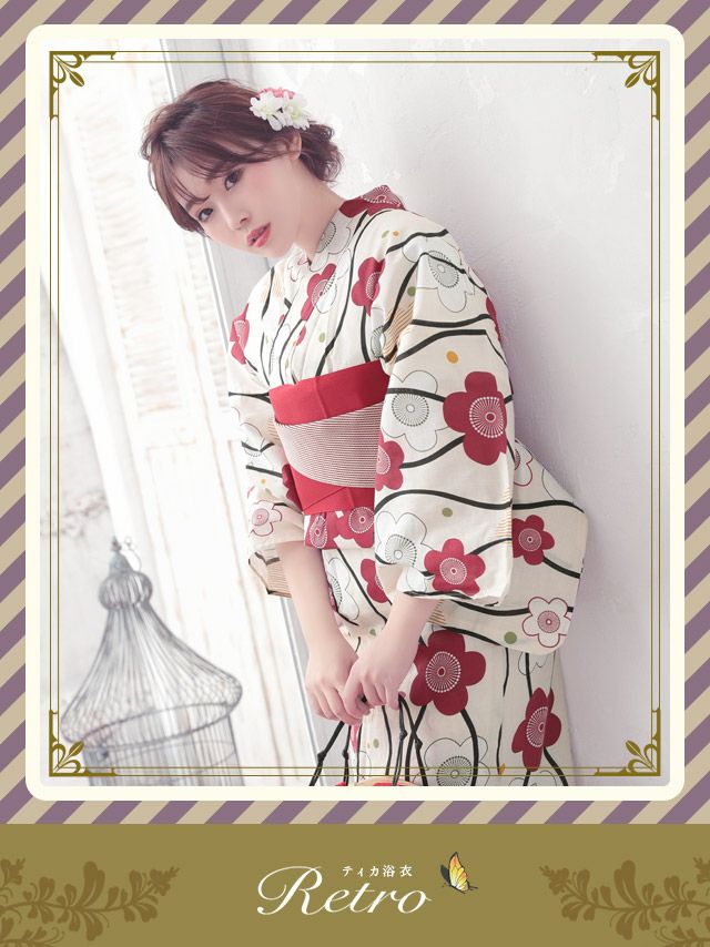 イメージ画像1 浴衣セット レディース Tika ティカ 藤川沙弥着用 レトロ椿 ゆかた3点セット 浴衣+平帯or造り帯+下駄 浴衣 選べる帯 可愛い かわいい レトロ モダン 大人 女性 女 安い 通販