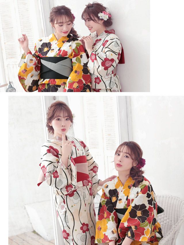 イメージ画像2 浴衣セット レディース Tika ティカ 藤川沙弥着用 レトロ椿 ゆかた3点セット 浴衣+平帯or造り帯+下駄 浴衣 選べる帯 可愛い かわいい レトロ モダン 大人 女性 女 安い 通販