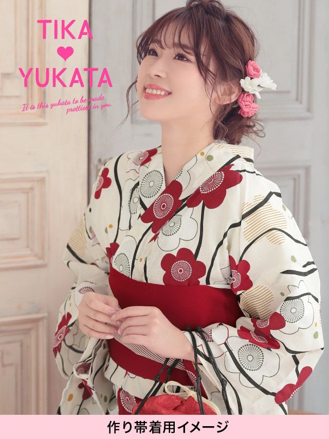 イメージ画像9 浴衣セット レディース Tika ティカ 藤川沙弥着用 レトロ椿 ゆかた3点セット 浴衣+平帯or造り帯+下駄 浴衣 選べる帯 可愛い かわいい レトロ モダン 大人 女性 女 安い 通販