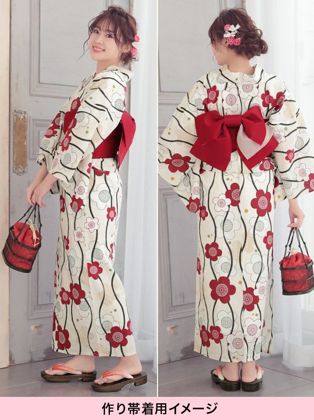 イメージ画像10 浴衣セット レディース Tika ティカ 藤川沙弥着用 レトロ椿 ゆかた3点セット 浴衣+平帯or造り帯+下駄 浴衣 選べる帯 可愛い かわいい レトロ モダン 大人 女性 女 安い 通販