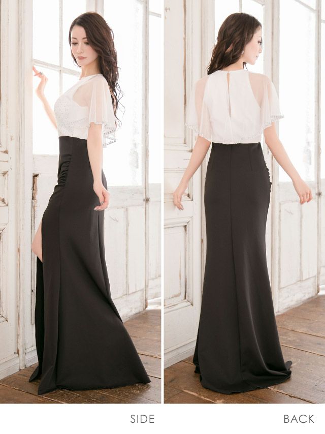 イメージ画像4 キャバドレス ロング  Tika ティカ 一条響着用 スリット入り ビジュー ロングドレス ホワイト×ブラック ワインレッド×ブラック M?XLサイズ キャバ ドレス 大きいサイズ エレガント ロングワンピース 白 赤 黒 通販