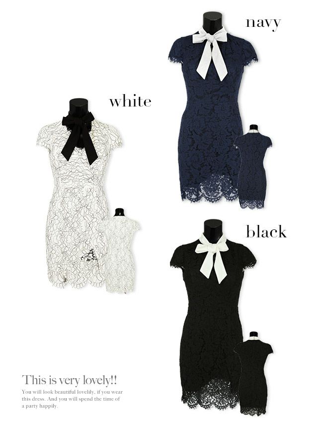 イメージ画像5 キャバドレス 大きいサイズ Tika ティカ 岩本紗也加(うさたにパイセン)着用 ネックリボン 総レース スカラップ タイト ミニドレス ホワイト ネイビー ブラック S?XLサイズ キャバ ドレス タイトドレス ナイトドレス ミニ ひざ丈 キャバ嬢 キャバクラ 通販