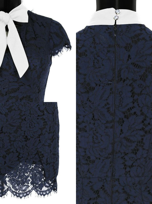 イメージ画像7 キャバドレス 大きいサイズ Tika ティカ 岩本紗也加(うさたにパイセン)着用 ネックリボン 総レース スカラップ タイト ミニドレス ホワイト ネイビー ブラック S?XLサイズ キャバ ドレス タイトドレス ナイトドレス ミニ ひざ丈 キャバ嬢 キャバクラ 通販