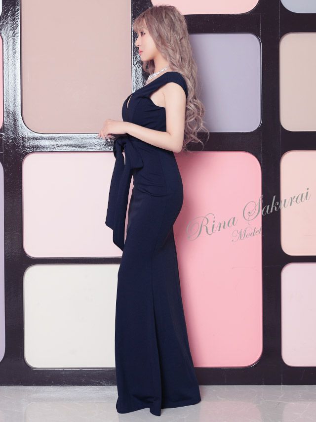 イメージ画像4 キャバドレス ロング  Tika ティカ さくりな着用 ウエスト リボン ワンカラー マーメイド ロングドレス ワインレッド ネイビー ブラック S?XXXLサイズ キャバ ドレス 大きいサイズ エレガント ロングワンピース 赤 紺 黒 通販